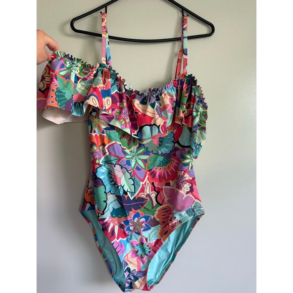 Bleu Rod Beattie, ruffles off shoulder, one piece swim multicolored - Picture 2 of 6